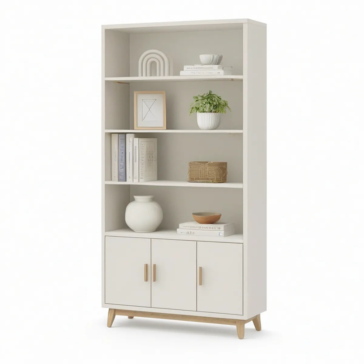 Freestanding 3-Door Storage Cabinet with 4 Open Shelves, White/Natural, 31.5 x 15.7 x 70.9 in