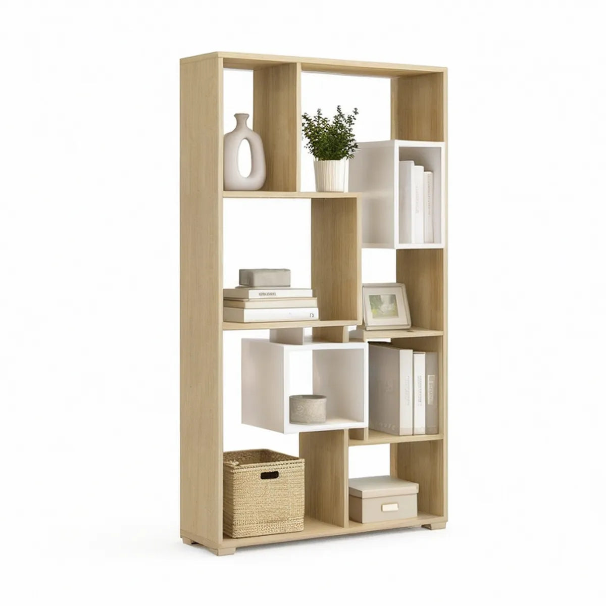 Geometric Open Storage Unit, Natural Oak and White, 31.5 x 11.8 x 70.9 in