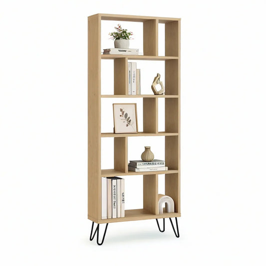 10-Cube Tall Bookcase, 27.6 x 11.8 x 70.9 in, Natural Oak with Black Steel Hairpin Legs