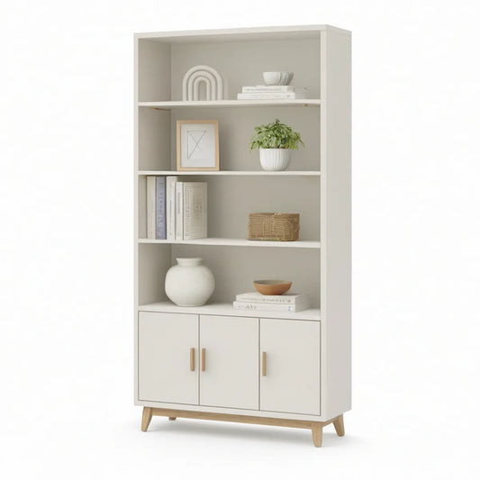 Freestanding 3-Door Storage Cabinet with 4 Open Shelves, White/Natural, 31.5 x 15.7 x 70.9 in