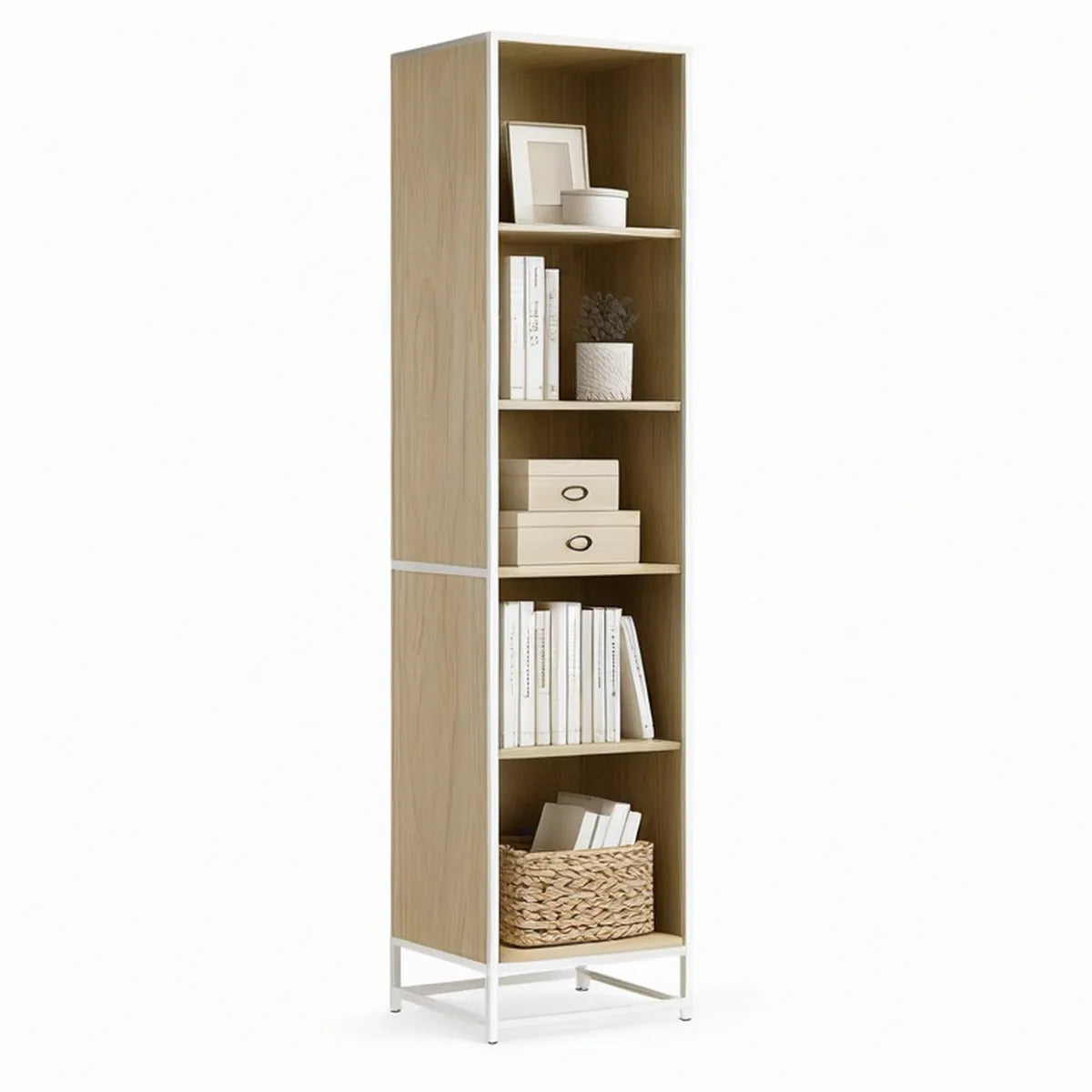 Tall 5-Shelf Oak and White Storage Unit, 23.6 x 11.8 x 70.9 in