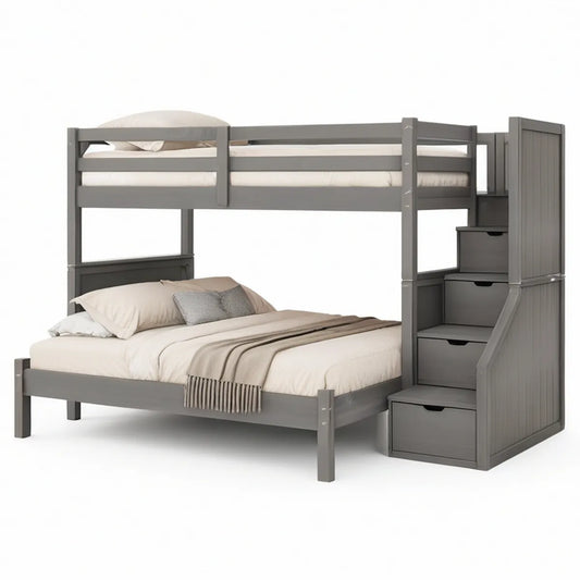 Gray Solid Pine Wood Twin Over Full Staircase Bunk Bed with 4 Storage Drawers, 99 x 57 x 65 in