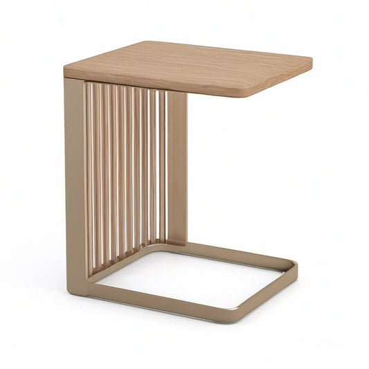 C-Shaped Side Table, Natural Oak Veneer Top and Gold Steel Frame, 19.7 x 13.8 x 23.6 in