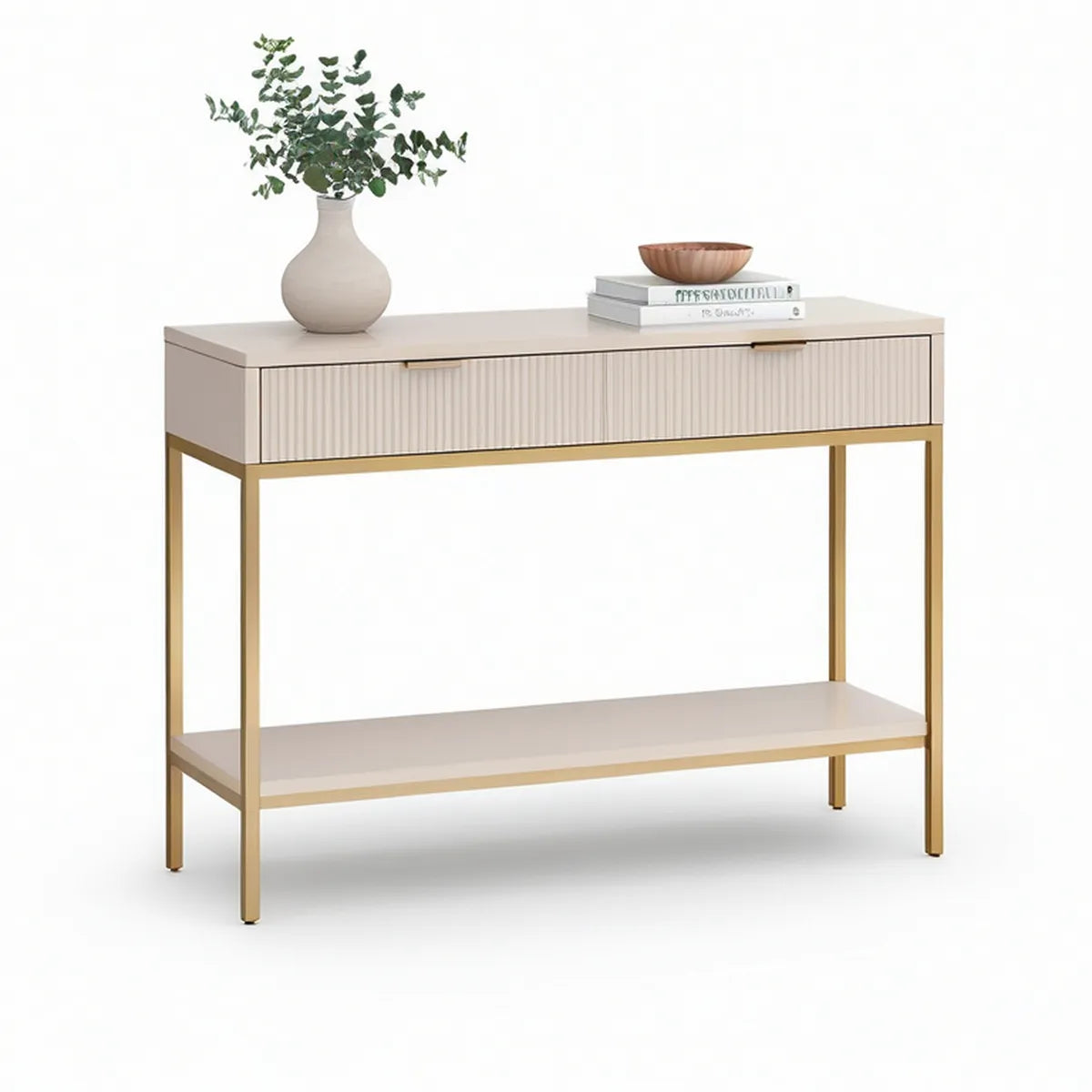 47.2 in Beige and Gold MDF Console Table with 2 Fluted Drawers and Lower Shelf