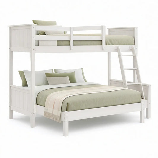 White Twin-Over-Full Bunk Bed with Ladder, Guardrails and Pine Wood Frame, 79.5 x 57 x 65 in