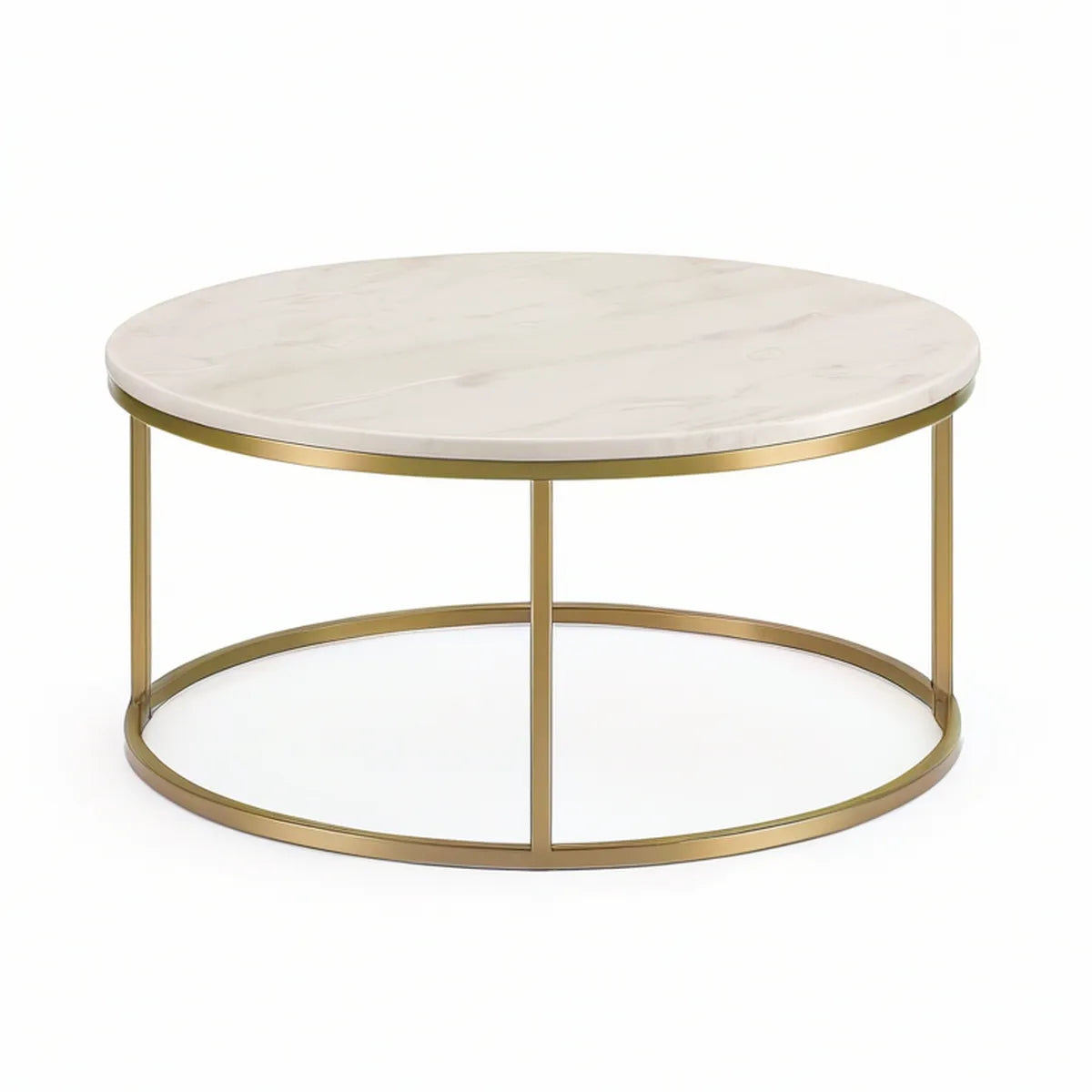 Round Coffee Table, 35.4 in Diameter x 17.7 in High, White Sintered Stone Top with Gold Stainless Steel Frame