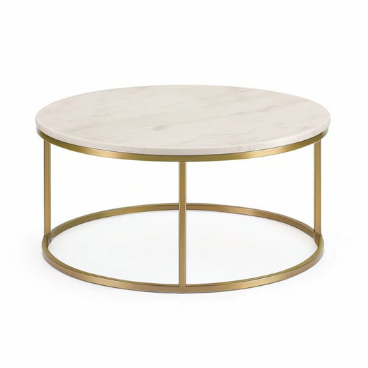 Round Coffee Table, 35.4 in Diameter x 17.7 in High, White Sintered Stone Top with Gold Stainless Steel Frame