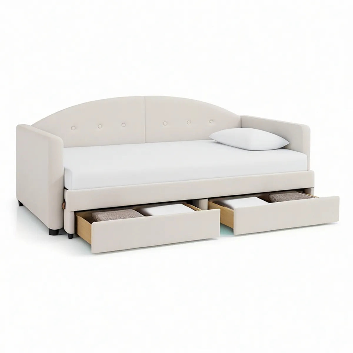 Twin Size Ivory Upholstered Daybed with 2 Storage Drawers, 78.7 x 42.1 x 33.5 in