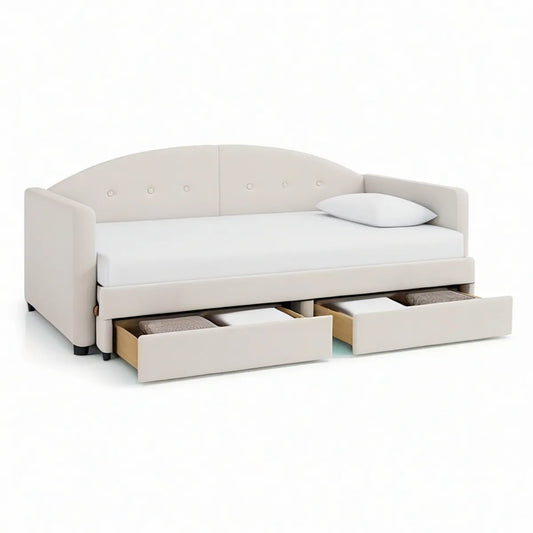 Twin Size Ivory Upholstered Daybed with 2 Storage Drawers, 78.7 x 42.1 x 33.5 in