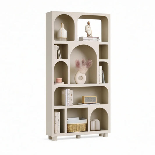 Contemporary 11-Compartment Arched Bookcase, Cream, 31.5 x 11.8 x 70.9 in