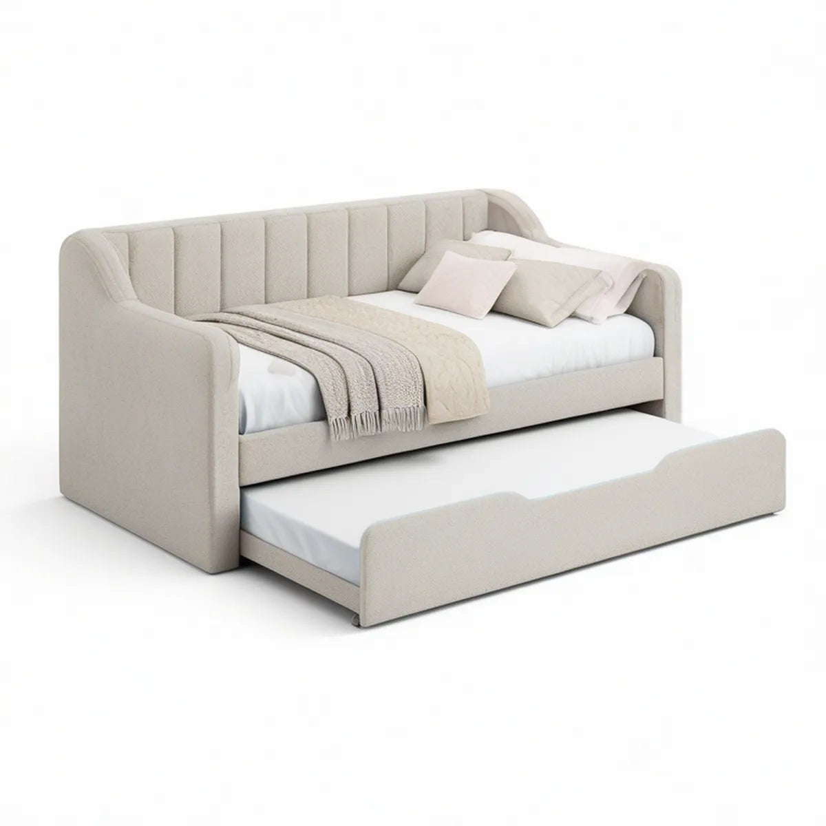 Beige Twin Upholstered Daybed with Pull-Out Trundle, 80 in L x 43 in W x 36 in H