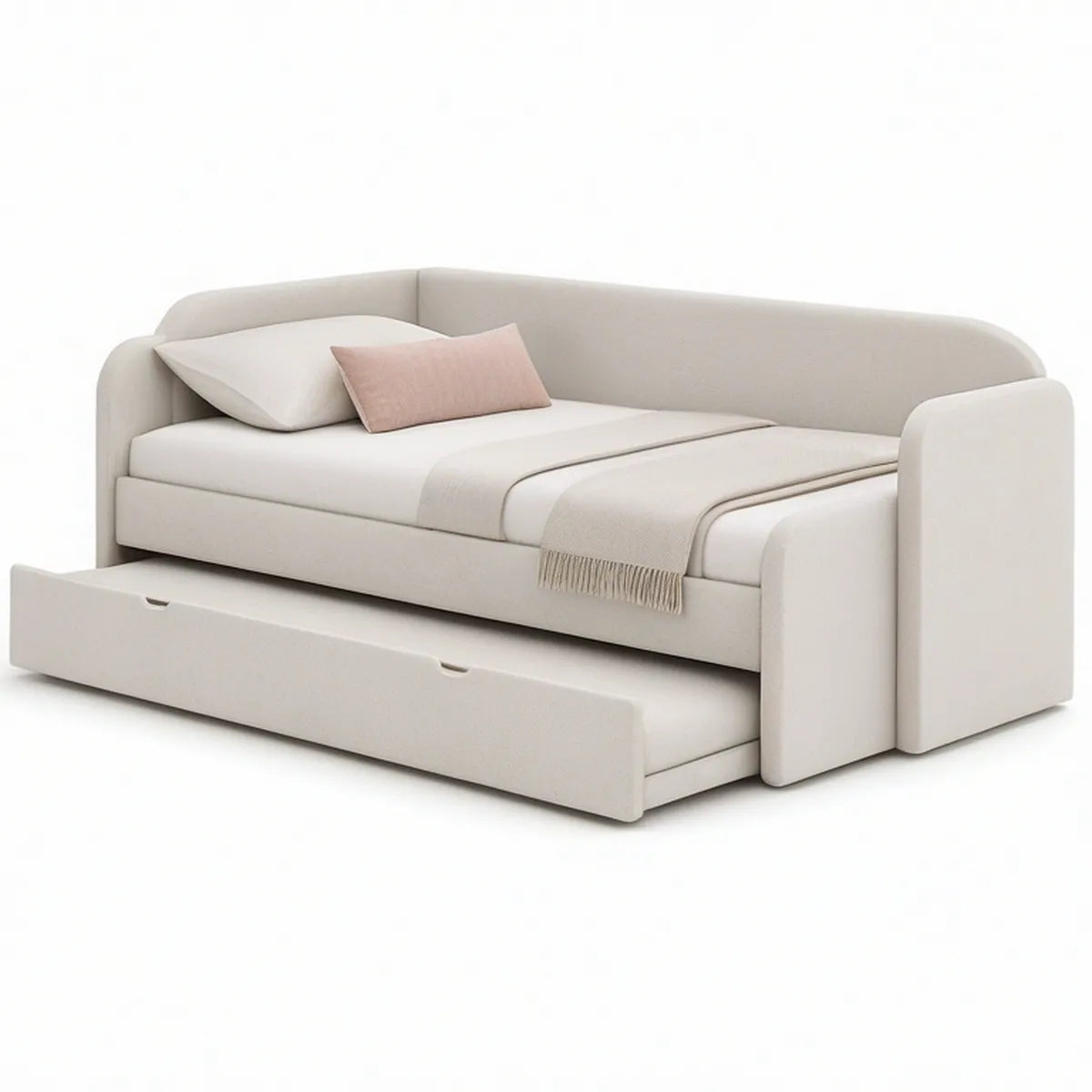 Cream Upholstered Twin Daybed with Pull-Out Trundle, 80 x 42 x 36 in.