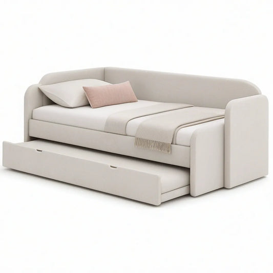 Cream Upholstered Twin Daybed with Pull-Out Trundle, 80 x 42 x 36 in.