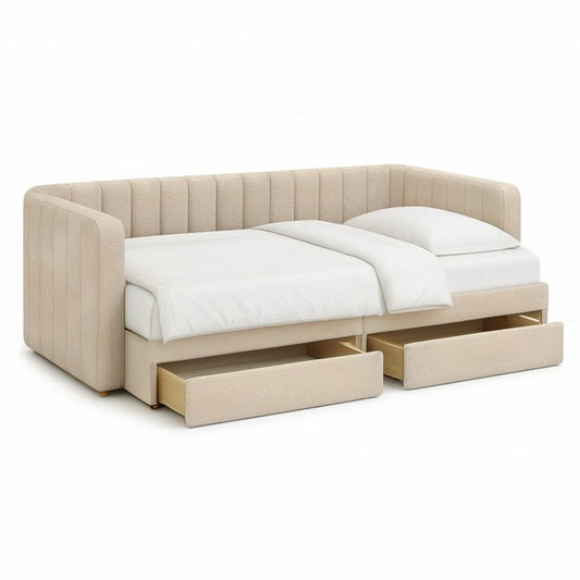 Beige Twin Upholstered Daybed with 2 Storage Drawers, 82 x 44 x 34 in