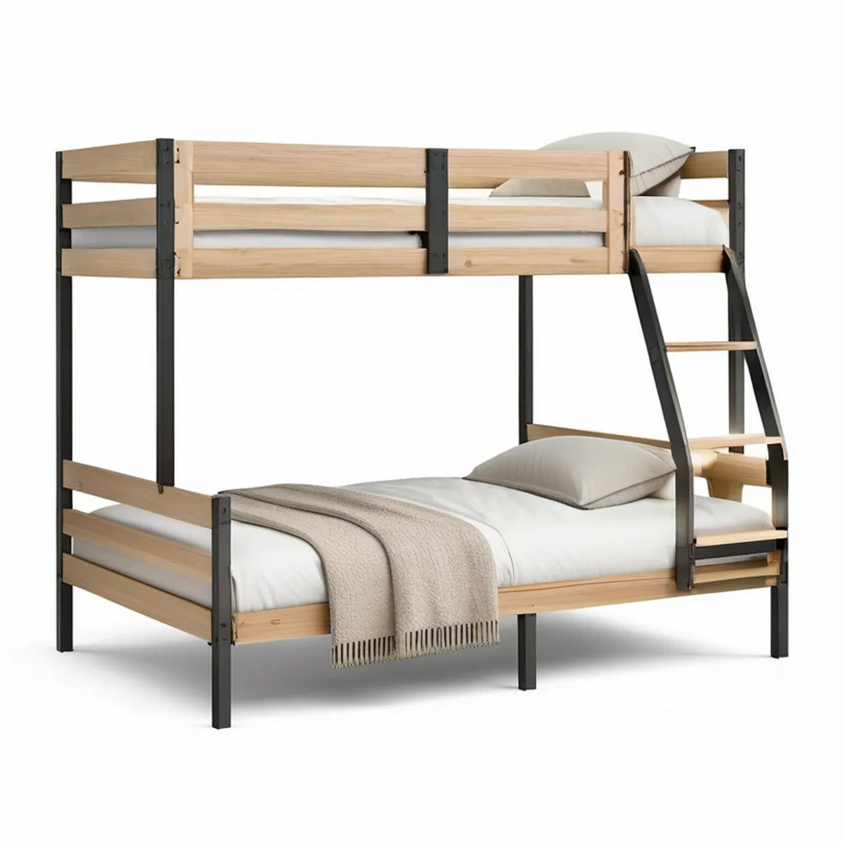 Twin Over Full Bunk Bed, 78 x 57 x 65 in, Natural Pine and Black Steel
