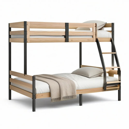 Twin Over Full Bunk Bed, 78 x 57 x 65 in, Natural Pine and Black Steel
