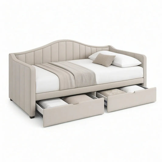 Beige Upholstered Twin Daybed with 2 Storage Drawers, 83 x 42 x 40 in