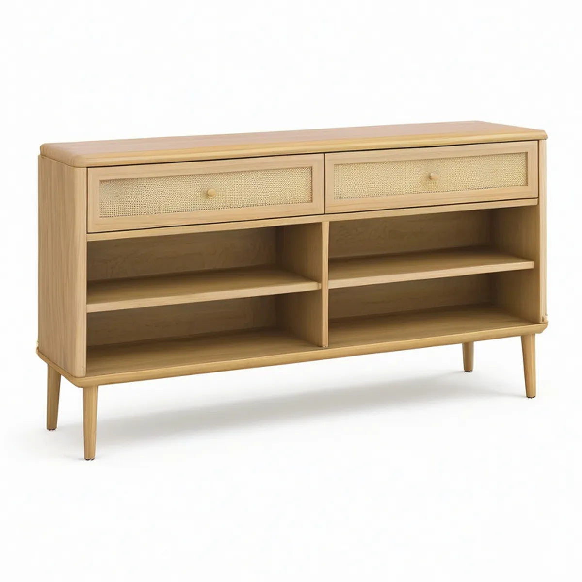Light Natural Rubberwood Storage Cabinet with Natural Rattan Drawers, 60 x 16 x 34 in