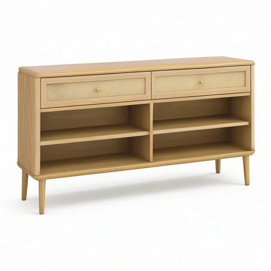 Light Natural Rubberwood Storage Cabinet with Natural Rattan Drawers, 60 x 16 x 34 in
