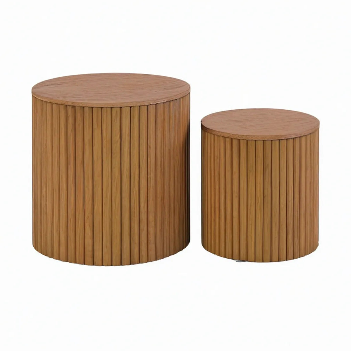 Set of 2 Round Teak Wood Nesting Side Tables, Natural Brown, 20 in x 24 in and 16 in x 20 in