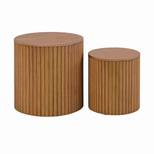Set of 2 Round Teak Wood Nesting Side Tables, Natural Brown, 20 in x 24 in and 16 in x 20 in
