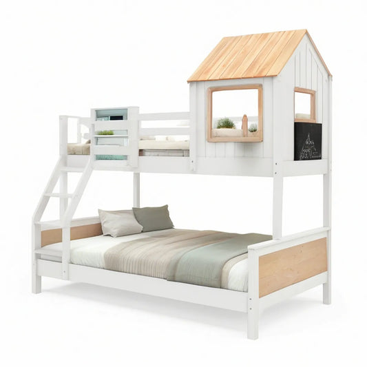 Twin Over Full House Bunk Bed, Solid Pine Wood, White and Natural, 79.5 x 57 x 89 in