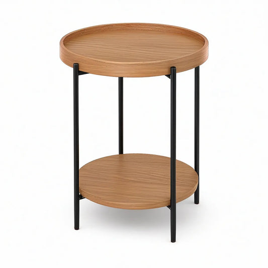 Round 2-Tier Oak Veneer Table with Tray Top and Black Steel Frame, 17.7 x 23.6 in