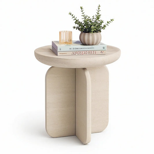 Round Side Table, 18 in Diameter x 22 in H, Light Beige Travertine-Look MDF