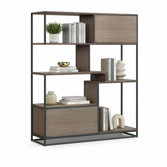 Modern Brown and Black Engineered Wood Bookcase with Sliding Door Cabinets, 47.2 x 11.8 x 70.9 in